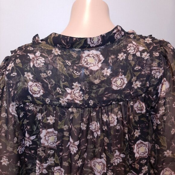 Zara Sheer Floral Blouse Womens Size Medium Black Long Sleeve Boho Peasant Top - Picture 12 of 15